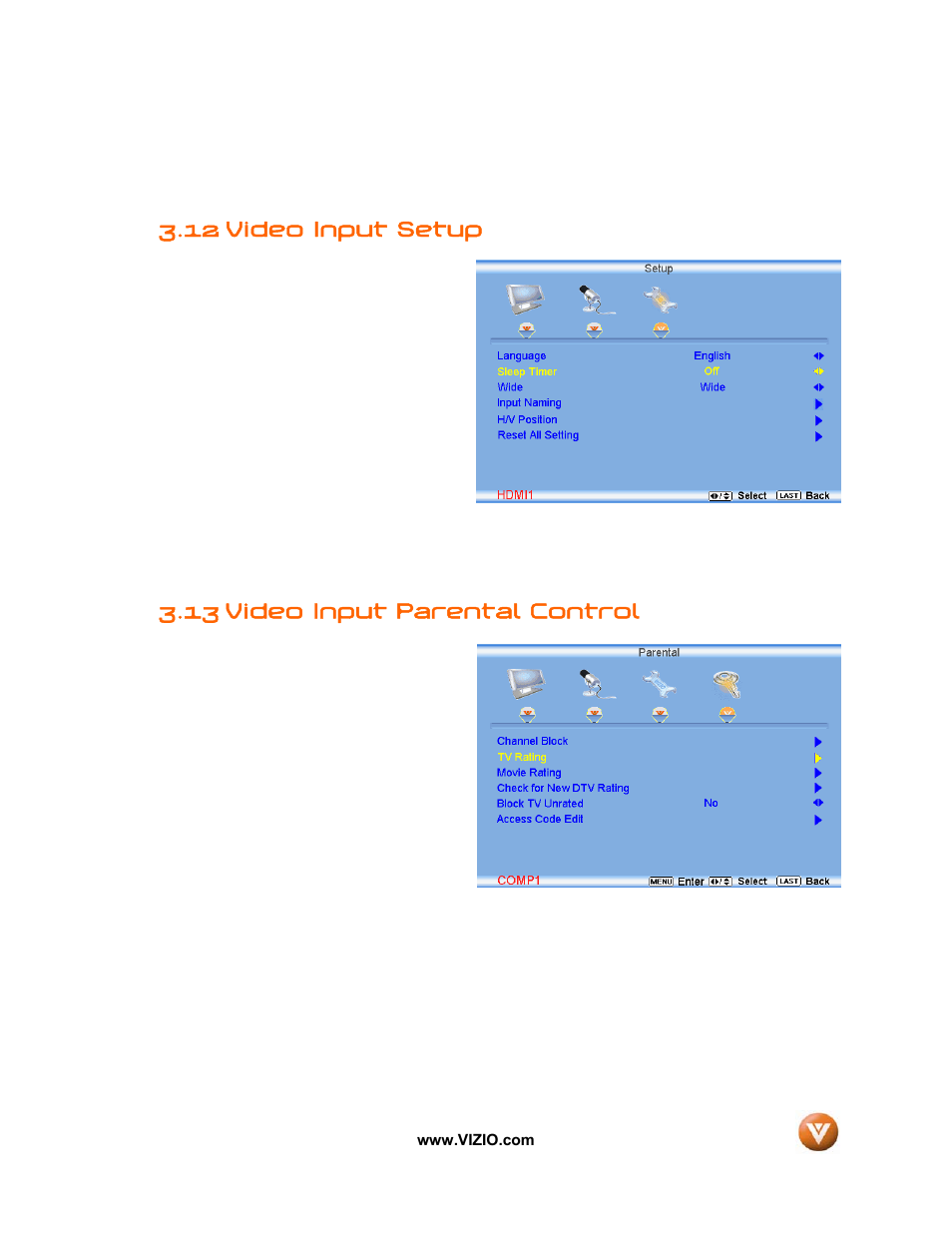 12 video input setup, 13 video input parental control | Vizio VIZIO User Manual | Page 58 / 71