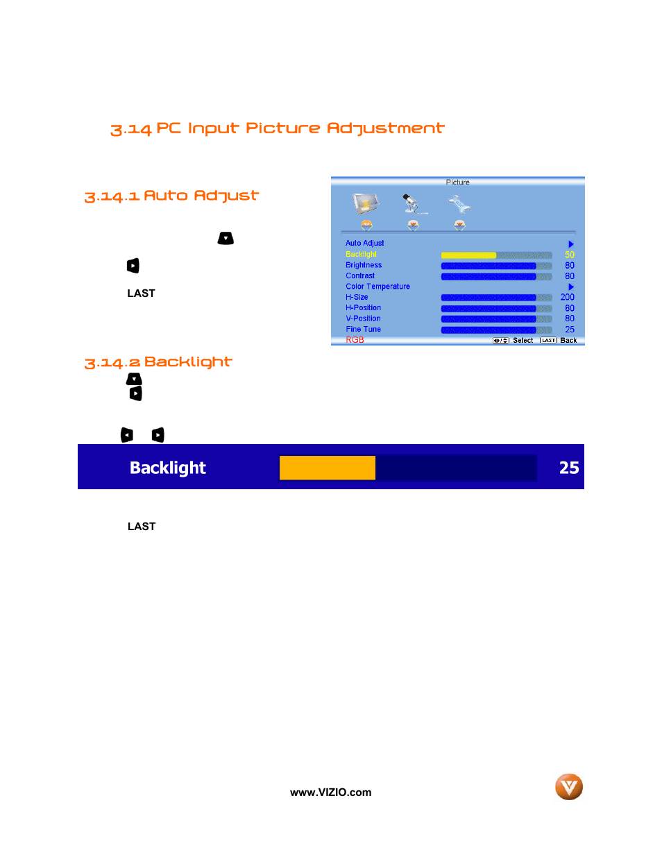 14 pc input picture adjustment, 1 auto adjust, 2 backlight | Vizio VIZIO User Manual | Page 59 / 71