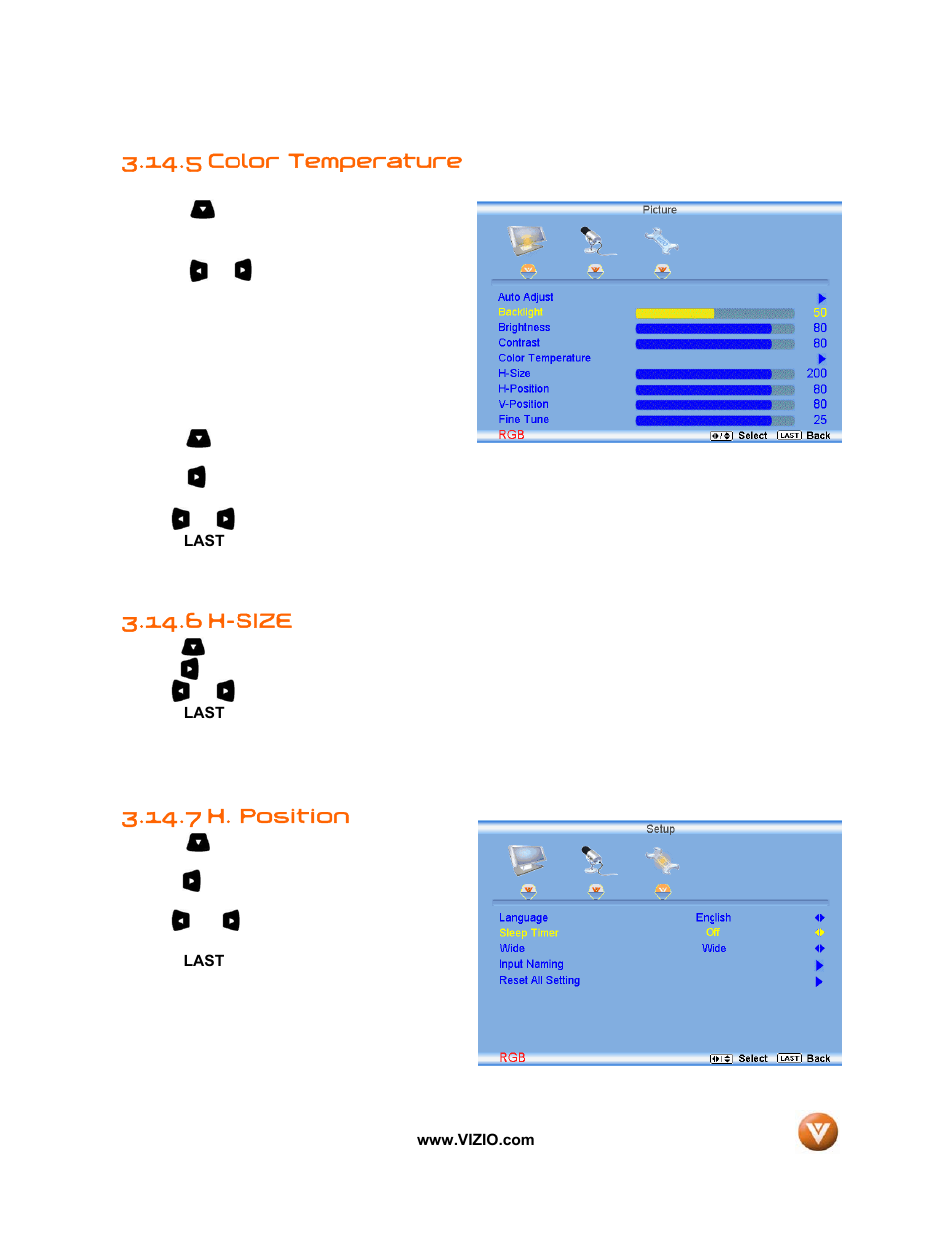 5 color temperature, 6 h-size, H. position | 7 h. position | Vizio VIZIO User Manual | Page 61 / 71