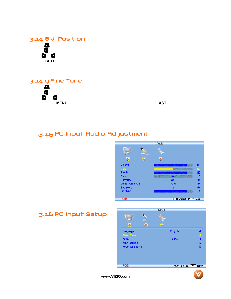 8 v. position, 9 fine tune, 15 pc input audio adjustment | 16 pc input setup | Vizio VIZIO User Manual | Page 62 / 71