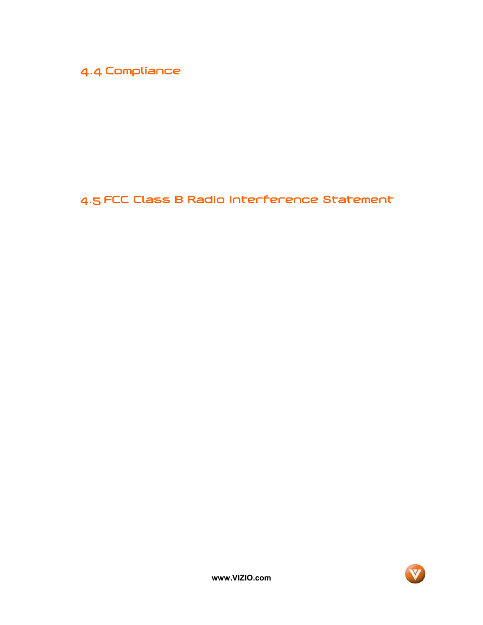 4 compliance, 5 fcc class b radio interference statement, Compliance | Vizio VIZIO User Manual | Page 67 / 71
