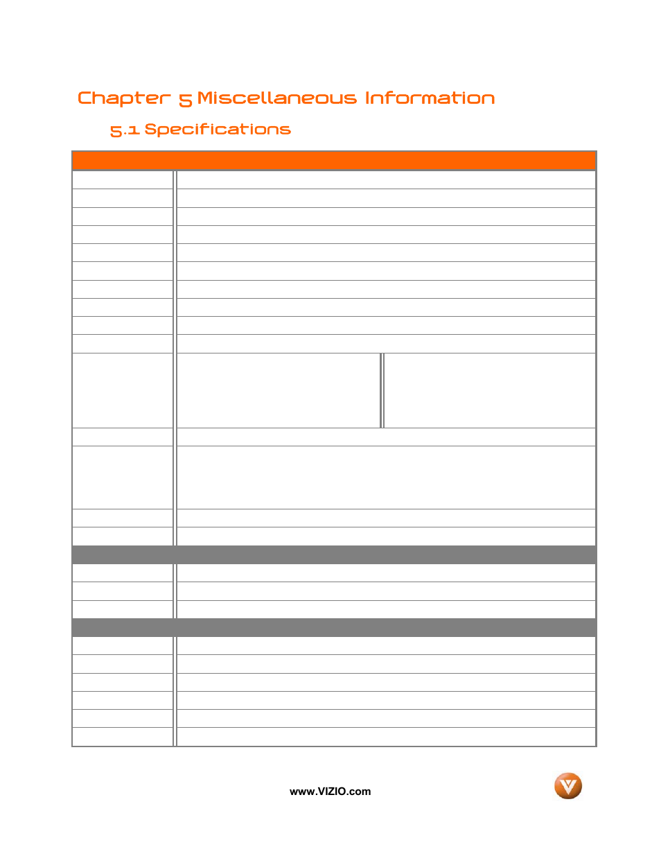 Chapter 5 miscellaneous information, 1 specifications | Vizio VIZIO User Manual | Page 68 / 71