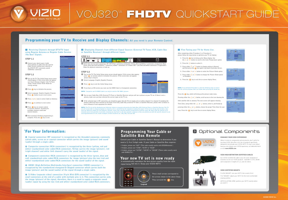 Voj320 fhdtv quickstart guide, Optional components, Programming your cable or satellite box remote | For your information, Your new tv set is now ready | Vizio VOJ320 User Manual | Page 2 / 2