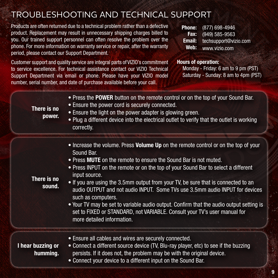 Troubleshooting and technical support | Vizio VSB205 User Manual | Page 11 / 16