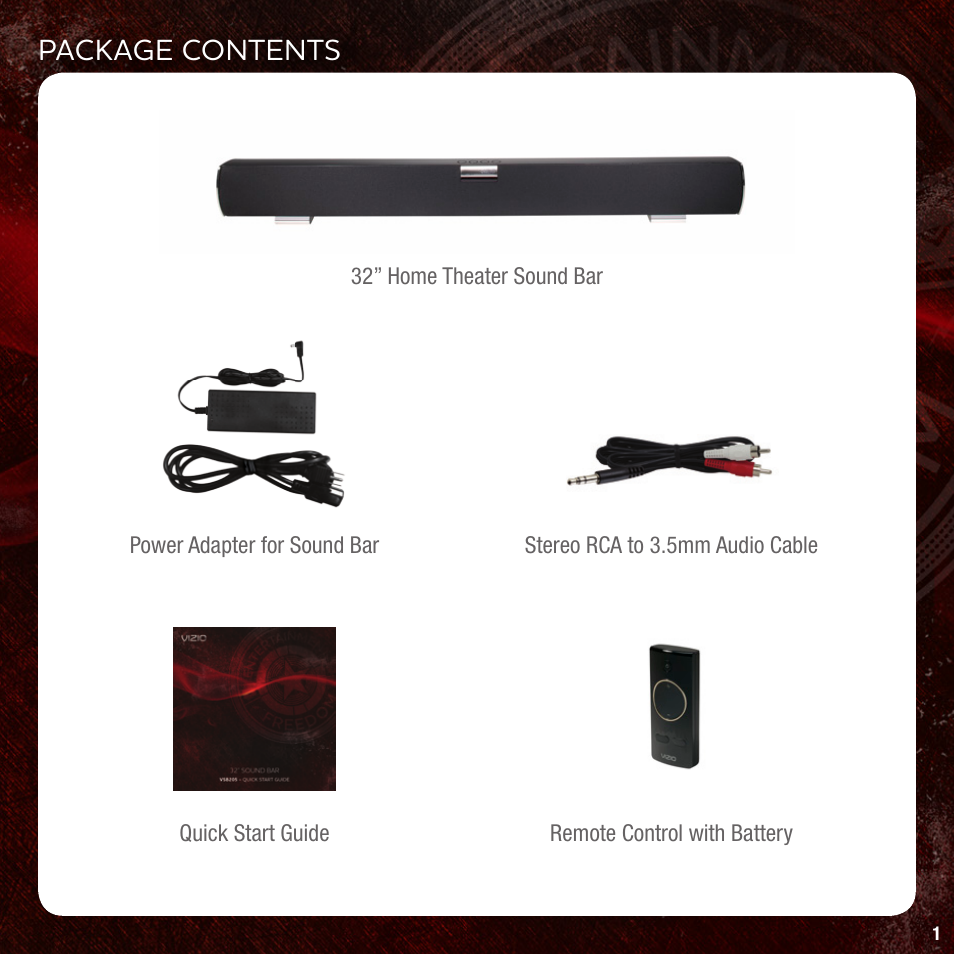 Package contents | Vizio VSB205 User Manual | Page 3 / 16