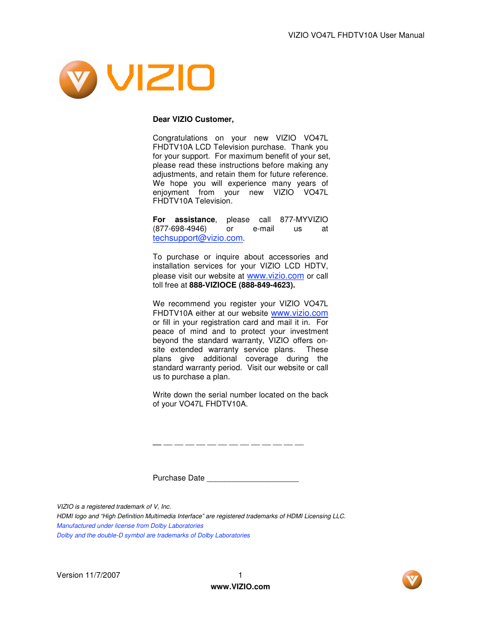 Vizio VO47L FHDTV10A User Manual | 76 pages