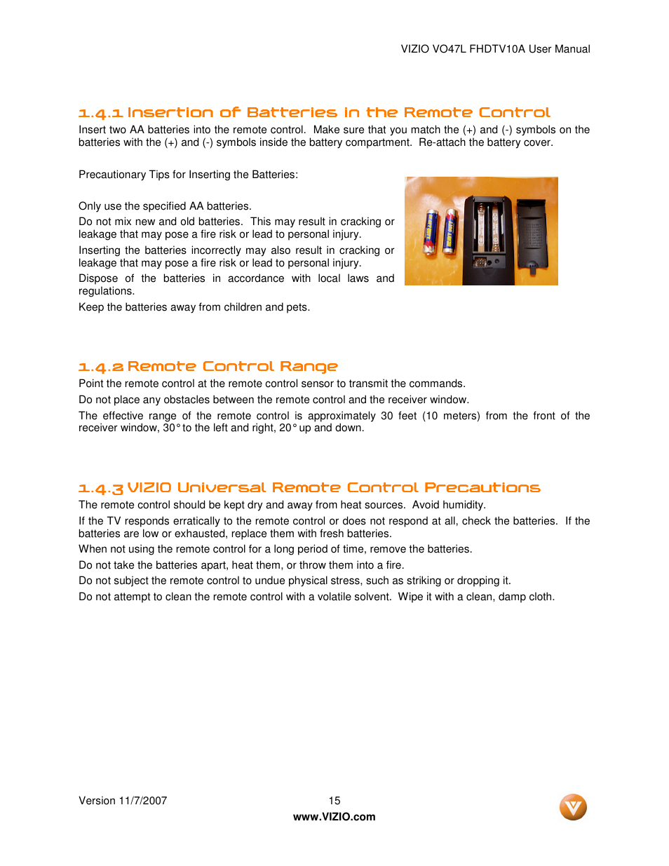 Vizio VO47L FHDTV10A User Manual | Page 15 / 76