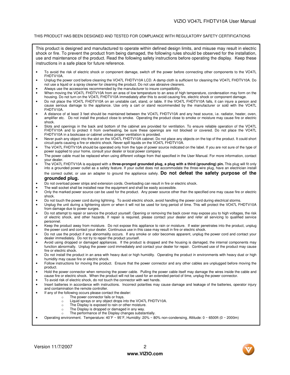 Vizio VO47L FHDTV10A User Manual | Page 2 / 76