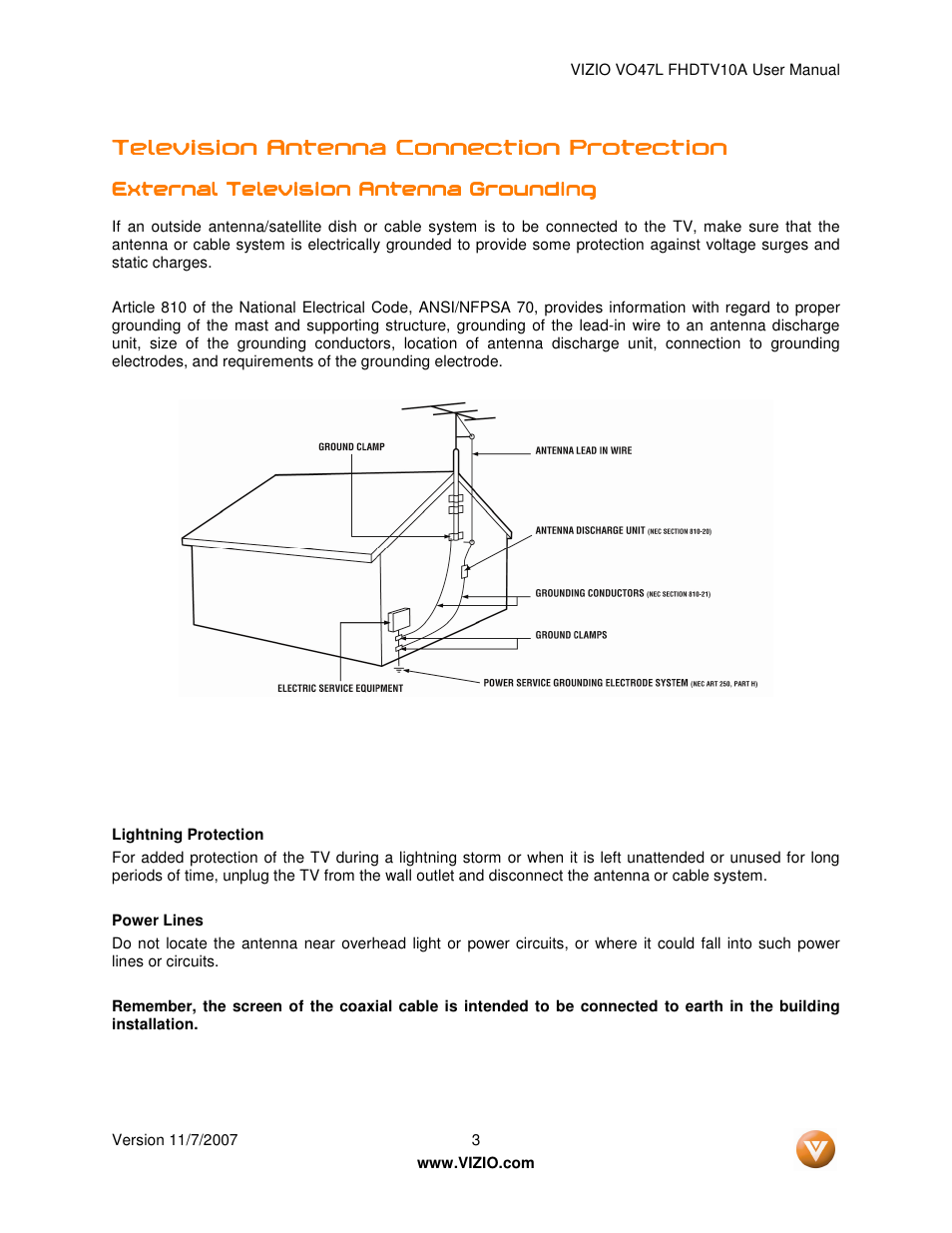 Television antenna connection protection | Vizio VO47L FHDTV10A User Manual | Page 3 / 76