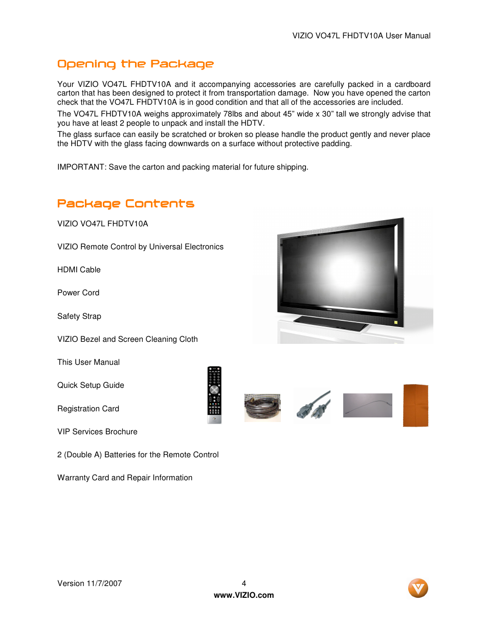 Vizio VO47L FHDTV10A User Manual | Page 4 / 76