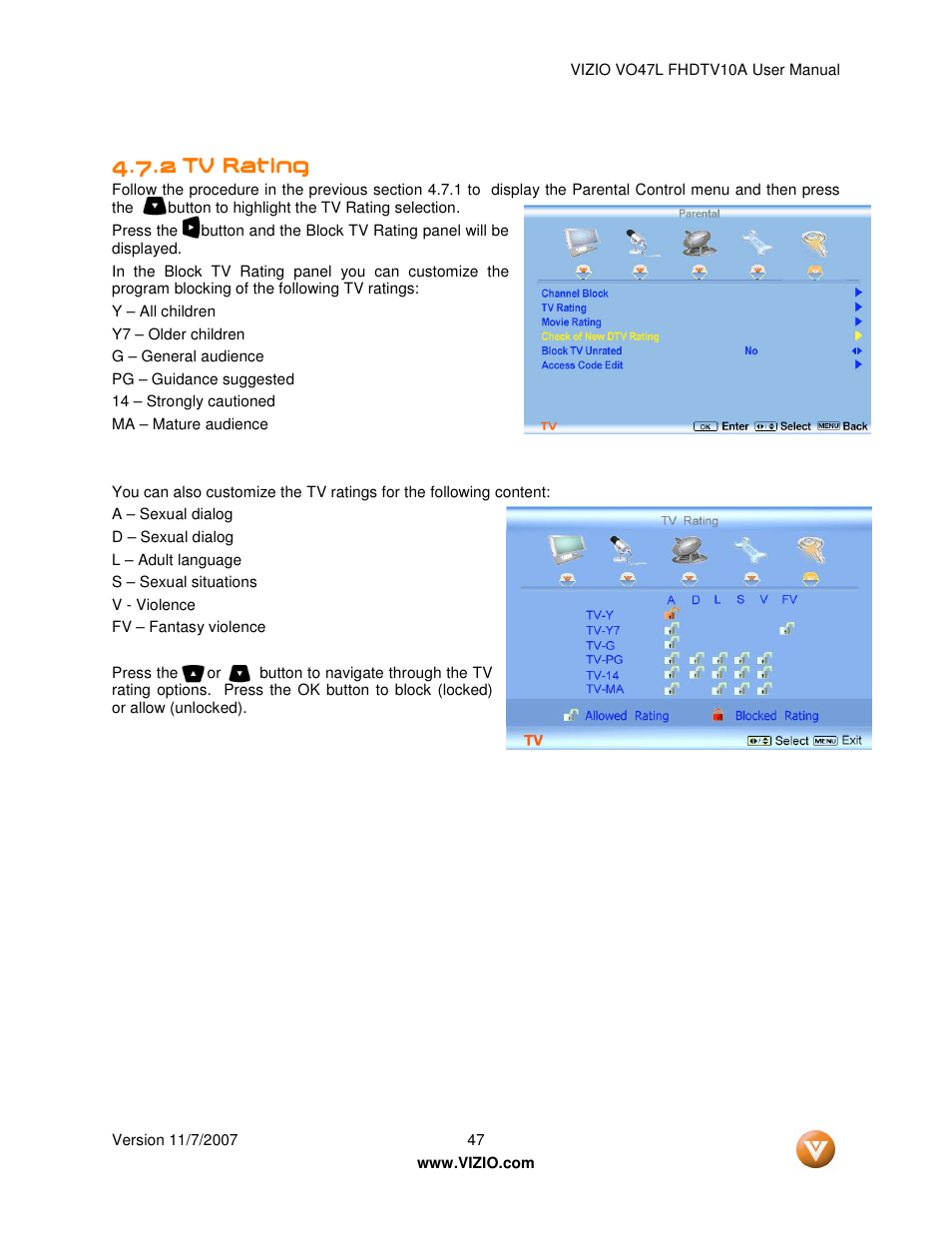 Vizio VO47L FHDTV10A User Manual | Page 47 / 76