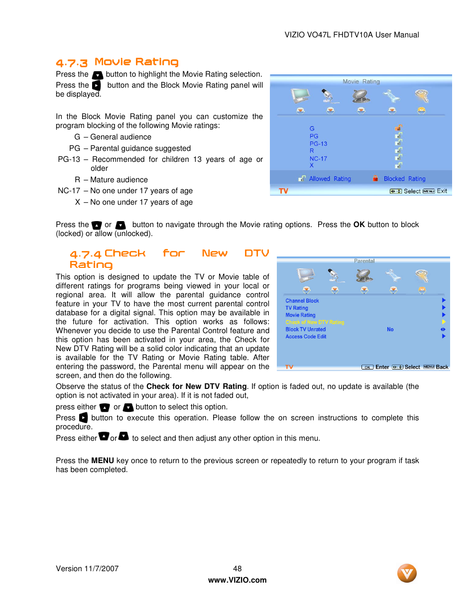 Vizio VO47L FHDTV10A User Manual | Page 48 / 76