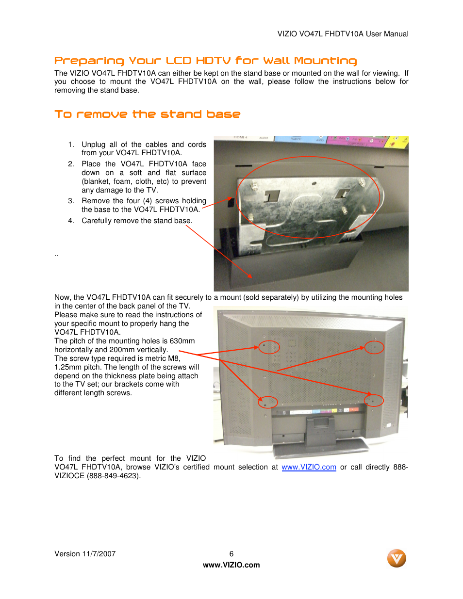 Preparing your lcd hdtv for wall mounting | Vizio VO47L FHDTV10A User Manual | Page 6 / 76