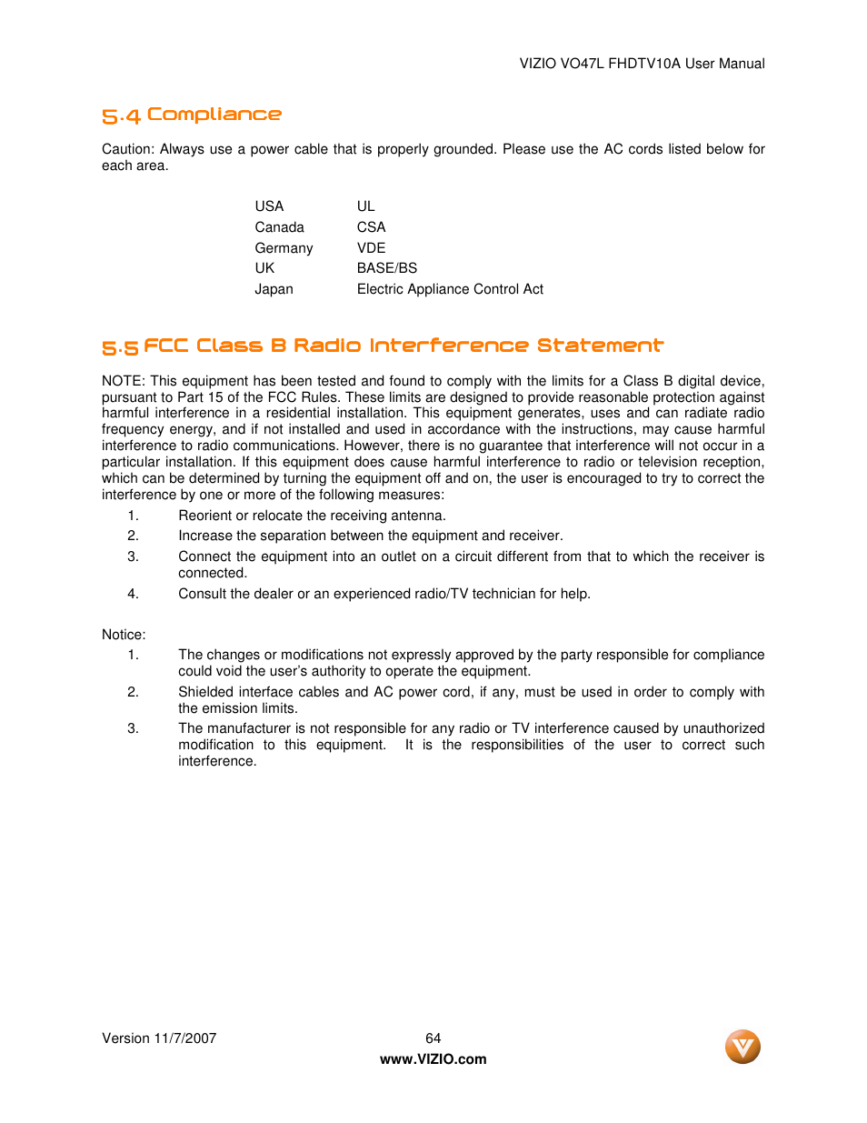 Vizio VO47L FHDTV10A User Manual | Page 64 / 76
