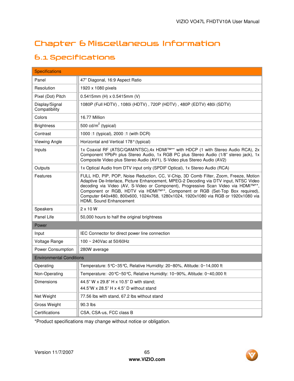 Chapter 6 | Vizio VO47L FHDTV10A User Manual | Page 65 / 76