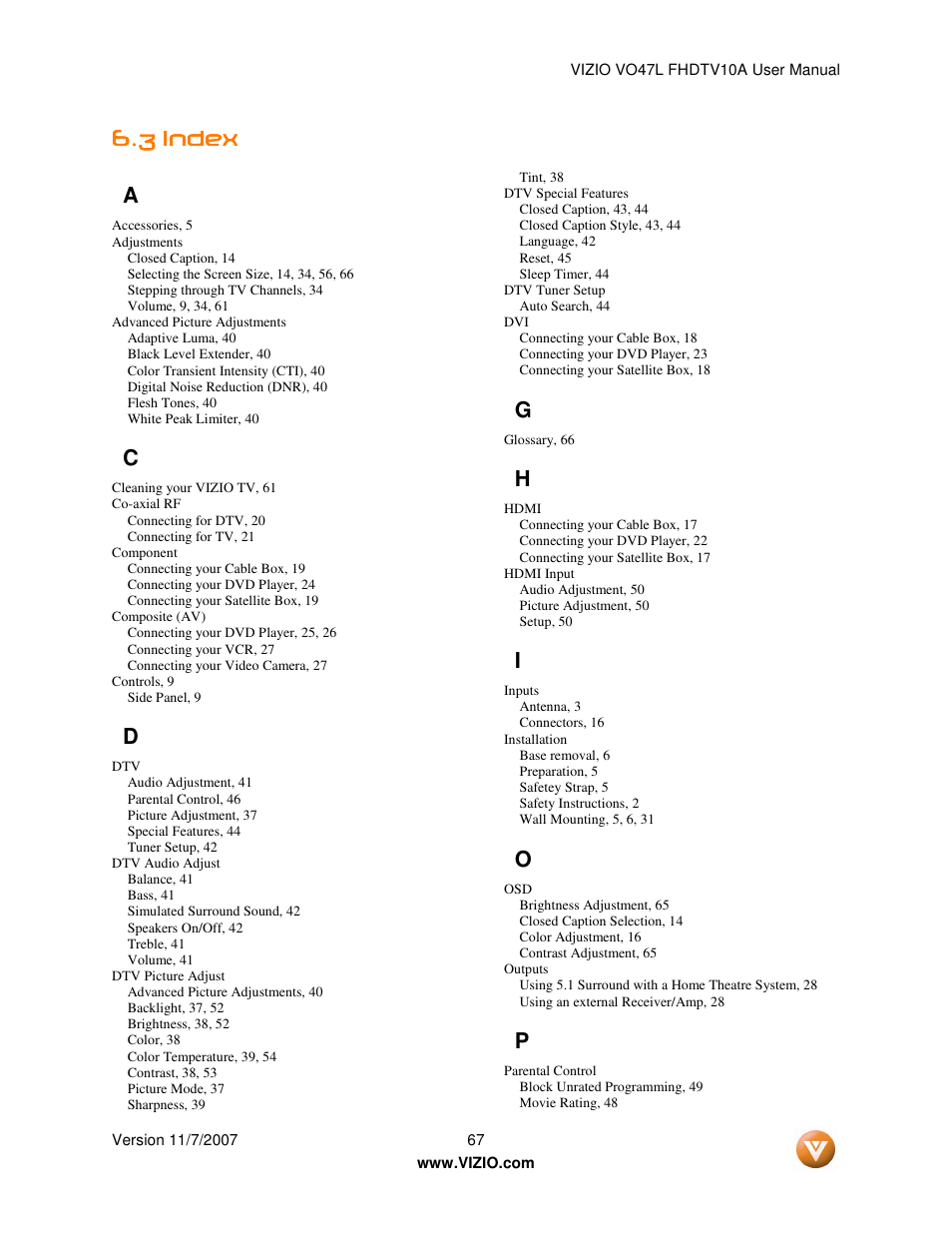 3 index index index index a | Vizio VO47L FHDTV10A User Manual | Page 67 / 76