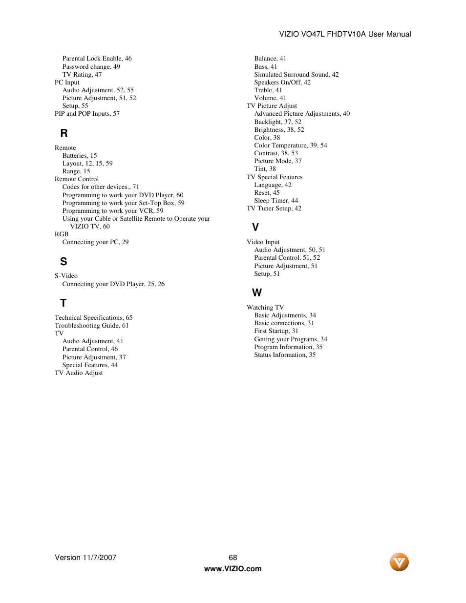 Vizio VO47L FHDTV10A User Manual | Page 68 / 76