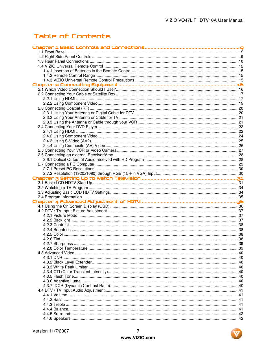 Vizio VO47L FHDTV10A User Manual | Page 7 / 76