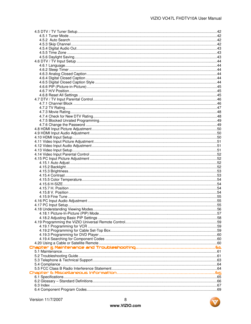Vizio VO47L FHDTV10A User Manual | Page 8 / 76