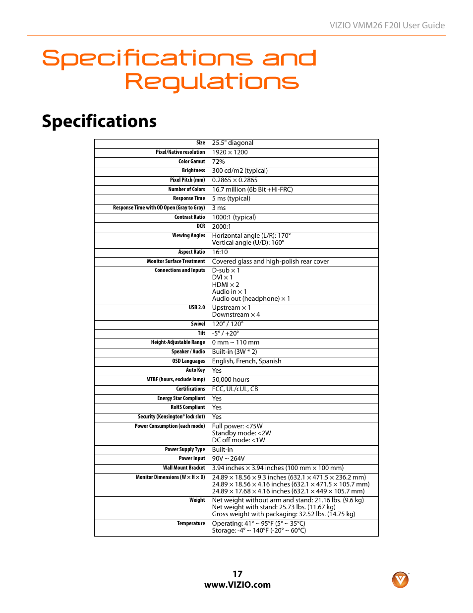 Specifications and regulations, Specifications | Vizio F20I User Manual | Page 17 / 23