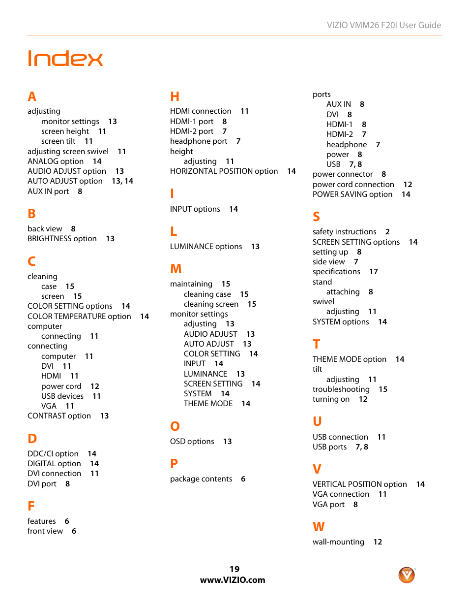 Index | Vizio F20I User Manual | Page 19 / 23