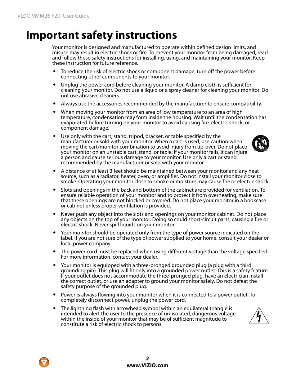 Important safety instructions | Vizio F20I User Manual | Page 2 / 23