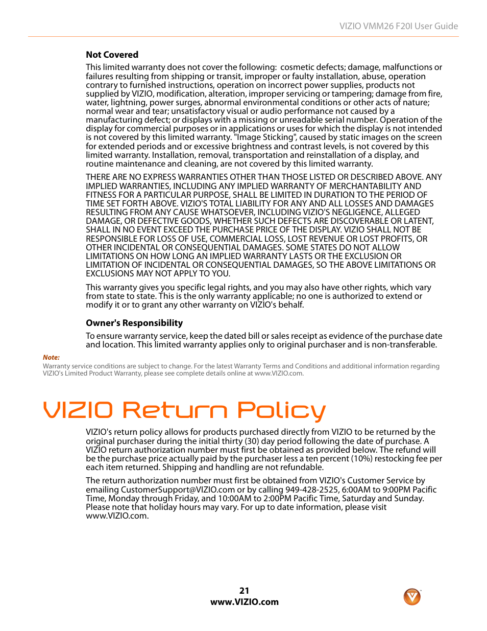 Vizio return policy | Vizio F20I User Manual | Page 21 / 23