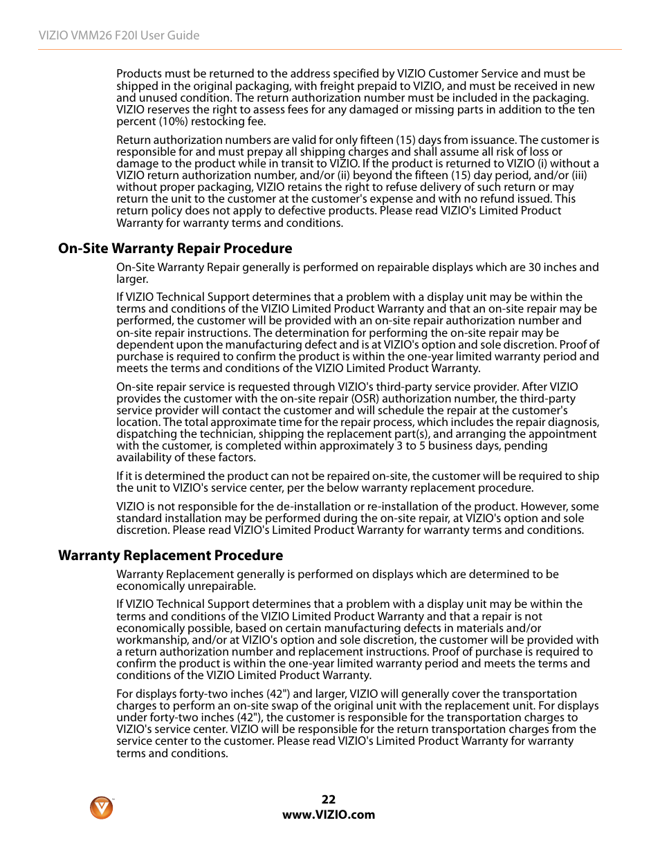 On-site warranty repair procedure, Warranty replacement procedure | Vizio F20I User Manual | Page 22 / 23