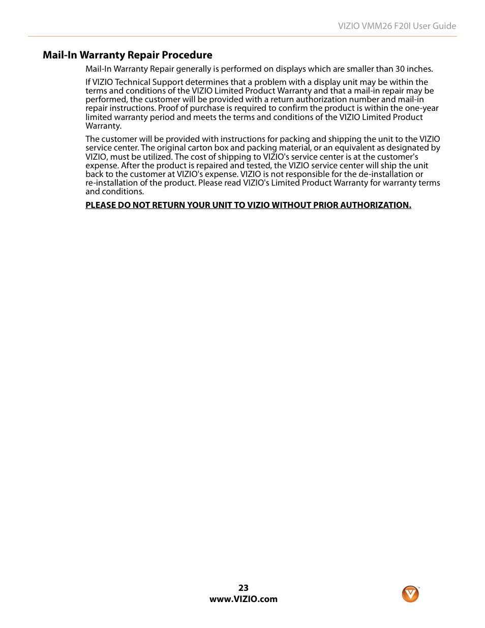 Mail-in warranty repair procedure | Vizio F20I User Manual | Page 23 / 23