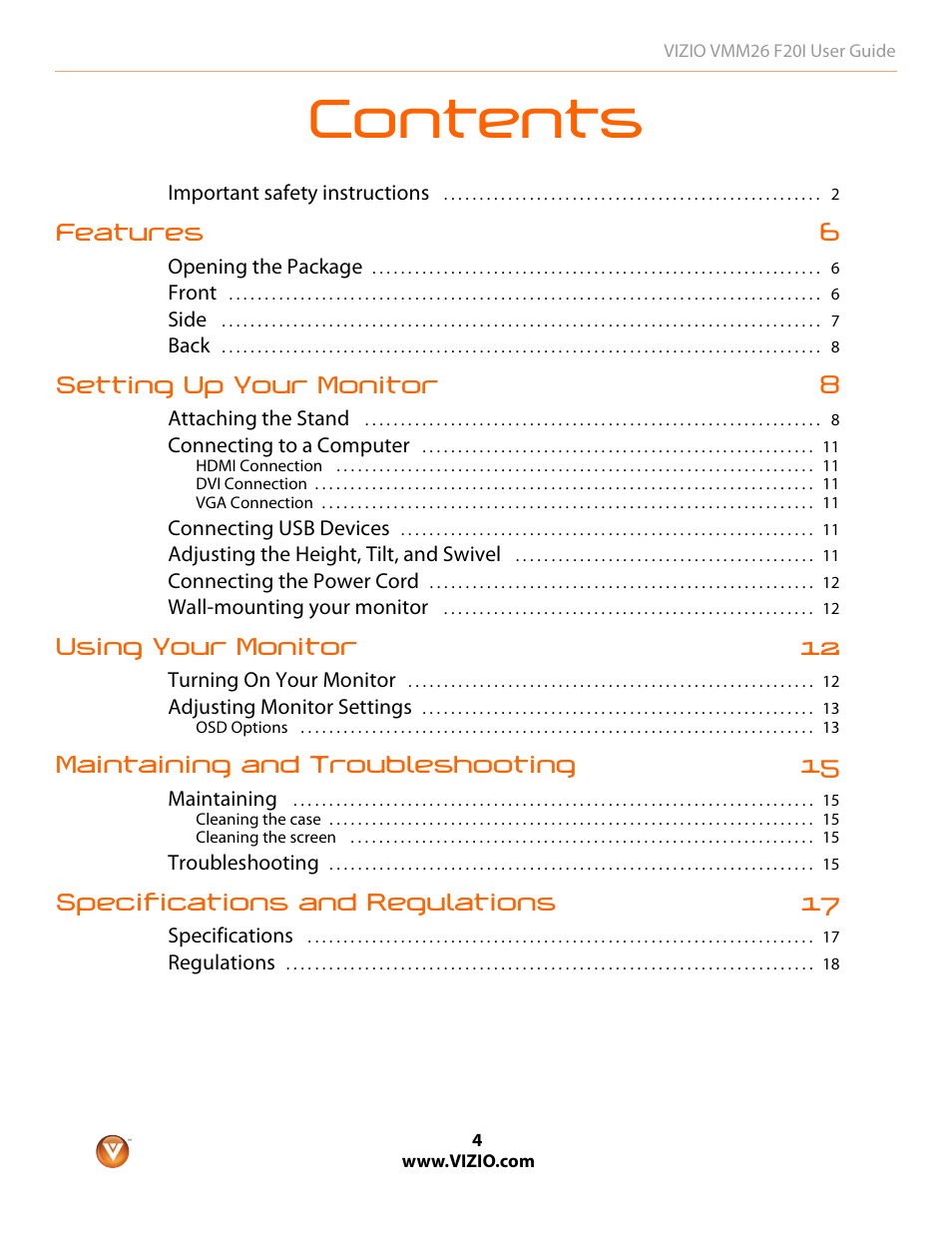 Vizio F20I User Manual | Page 4 / 23