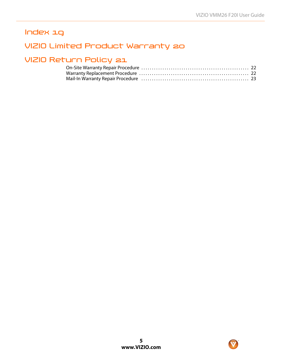Vizio F20I User Manual | Page 5 / 23