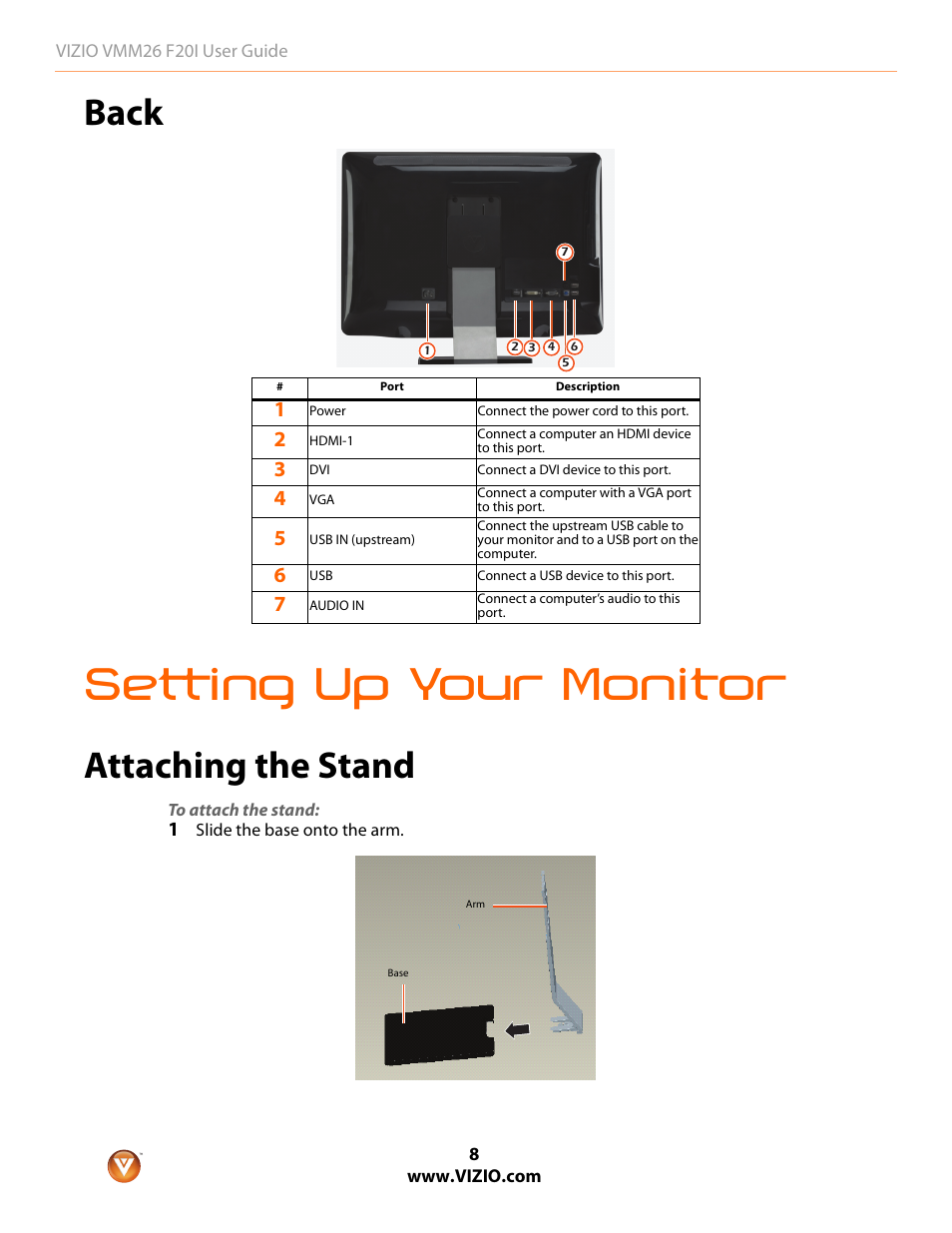 Setting up your monitor, Back, Attaching the stand | Vizio F20I User Manual | Page 8 / 23