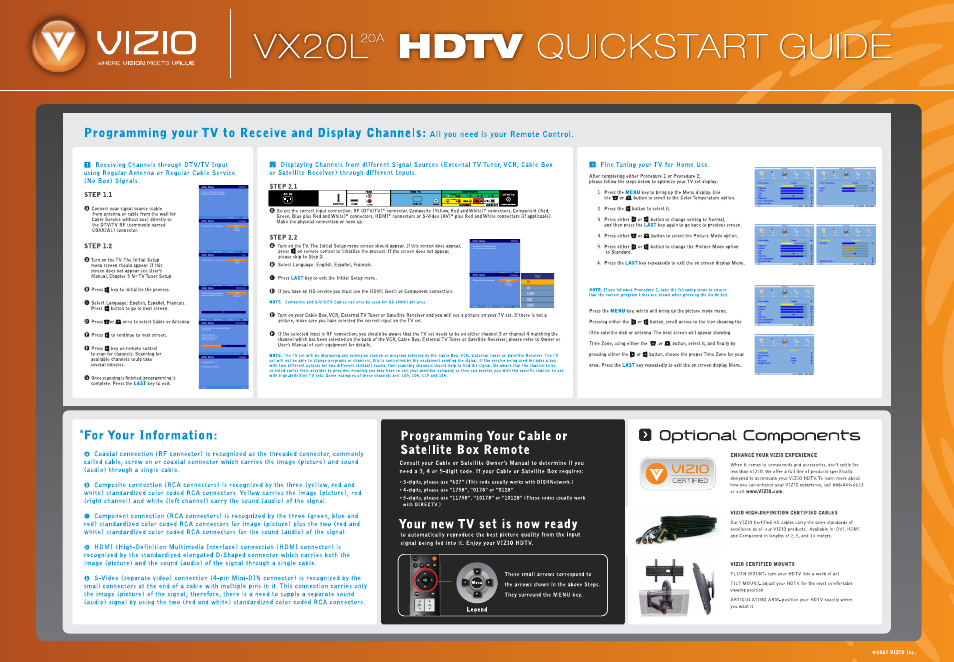 J\z\o, Quickstart guide, Step 1.1 | Step 1.2, Step 2.1, Step 2.2, For your information, Programming your cable or satellite box remote, Your new tv set is now ready, Optional components | Vizio VX2CL User Manual | Page 2 / 2