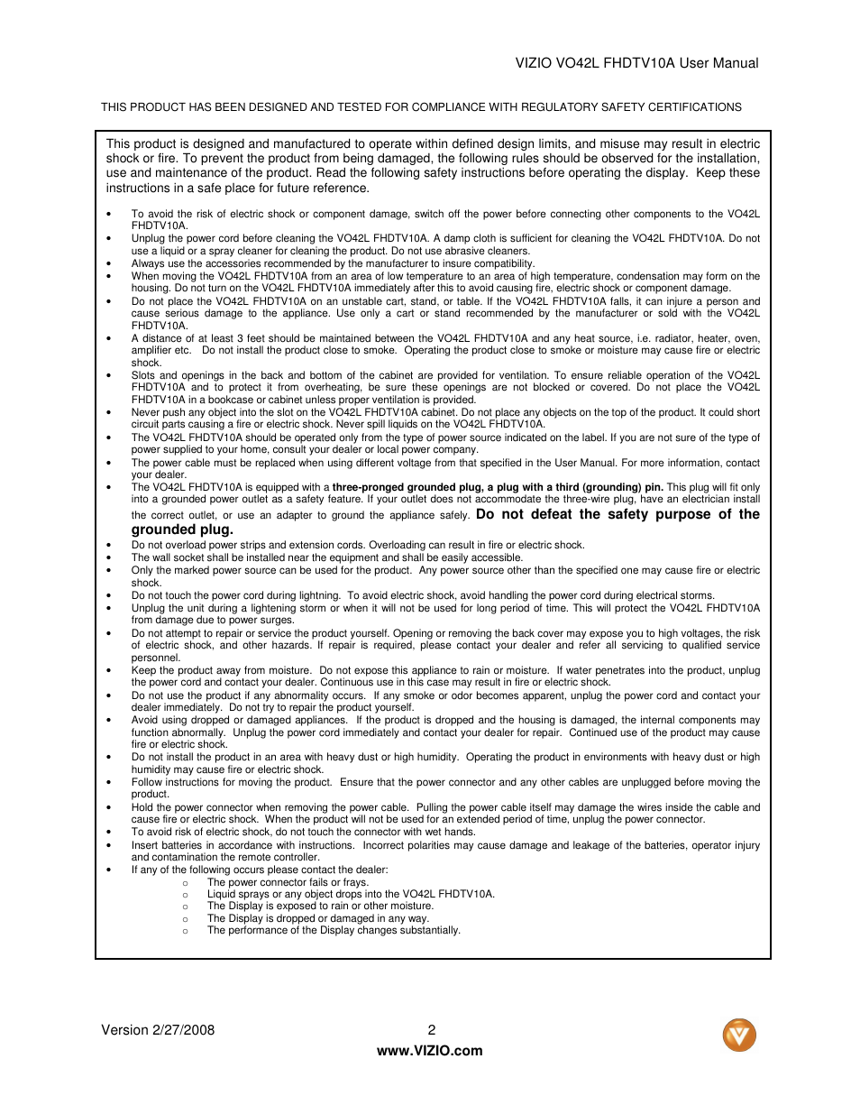 Vizio VO42LF User Manual | Page 2 / 77