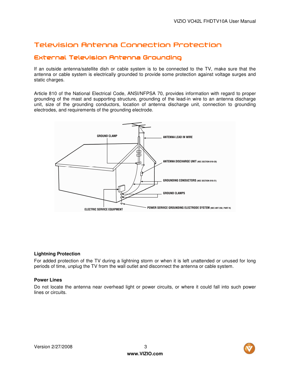 Television antenna connection prote | Vizio VO42LF User Manual | Page 3 / 77