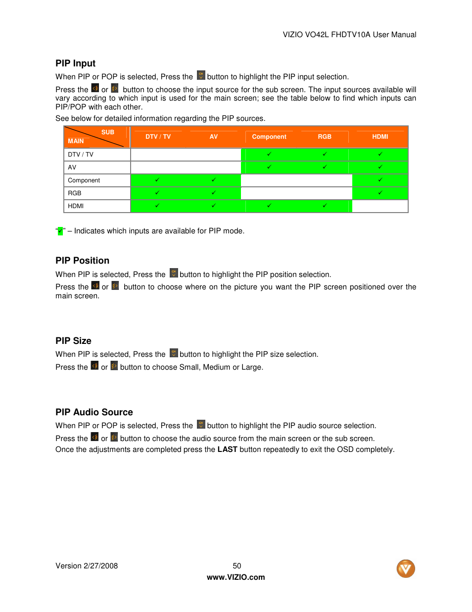 Pip input, Pip position, Pip size | Pip audio source | Vizio VO42LF User Manual | Page 50 / 77