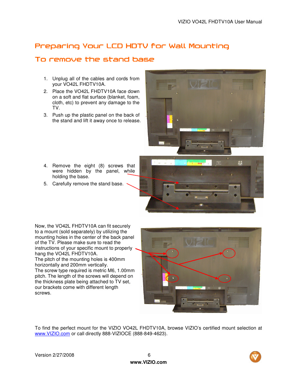 Preparing your lcd hdtv for wall mounting | Vizio VO42LF User Manual | Page 6 / 77