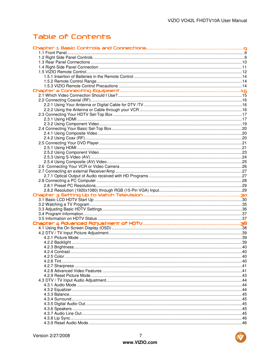 Table of cont, Table of cont table of contents ents ents ents | Vizio VO42LF User Manual | Page 7 / 77