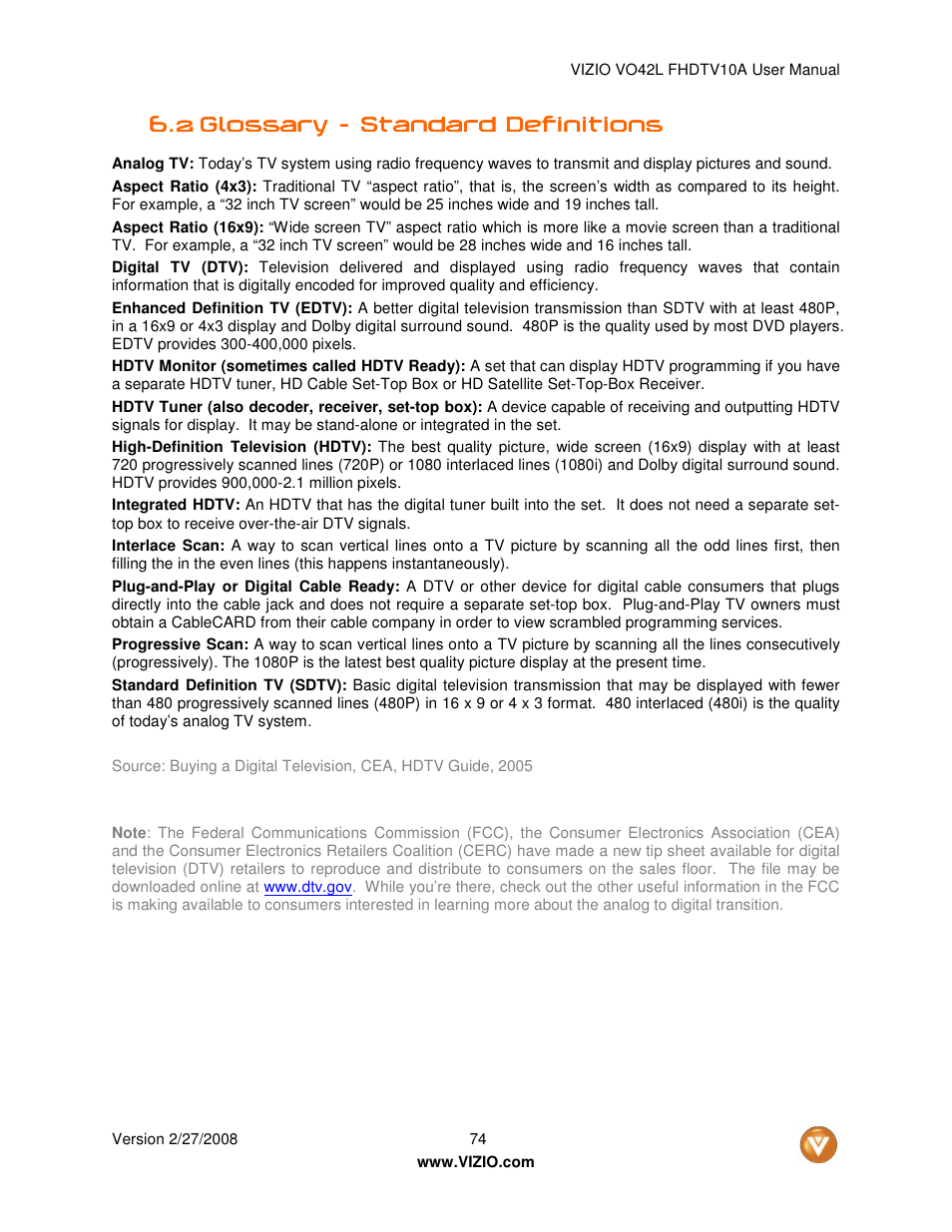 Vizio VO42LF User Manual | Page 74 / 77