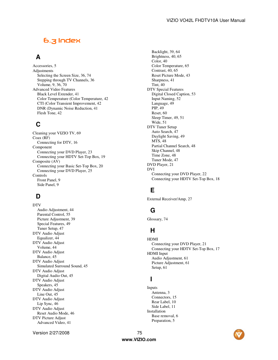3 index index index index a | Vizio VO42LF User Manual | Page 75 / 77