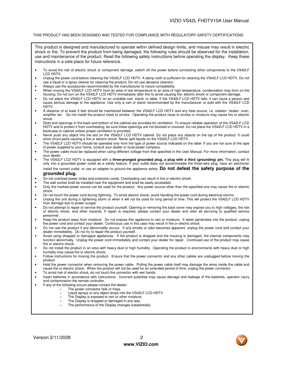 Vizio VS42LF User Manual | Page 2 / 61