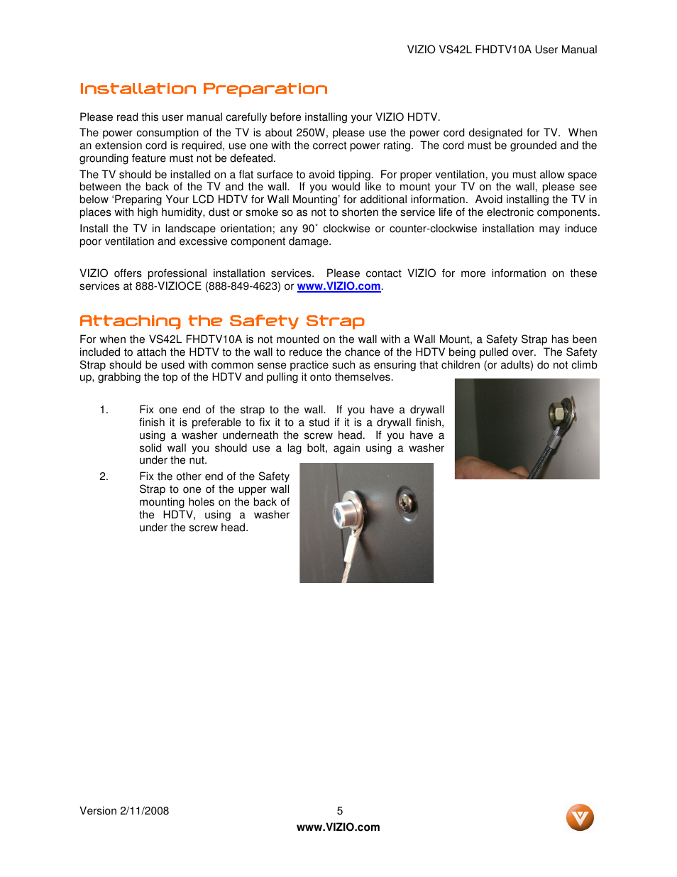 Installation, Attaching the safety strap | Vizio VS42LF User Manual | Page 5 / 61