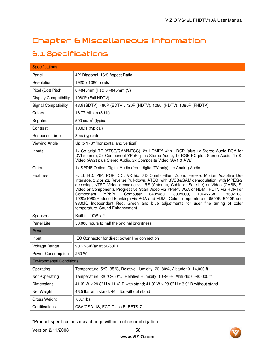 Chapter 6 | Vizio VS42LF User Manual | Page 58 / 61