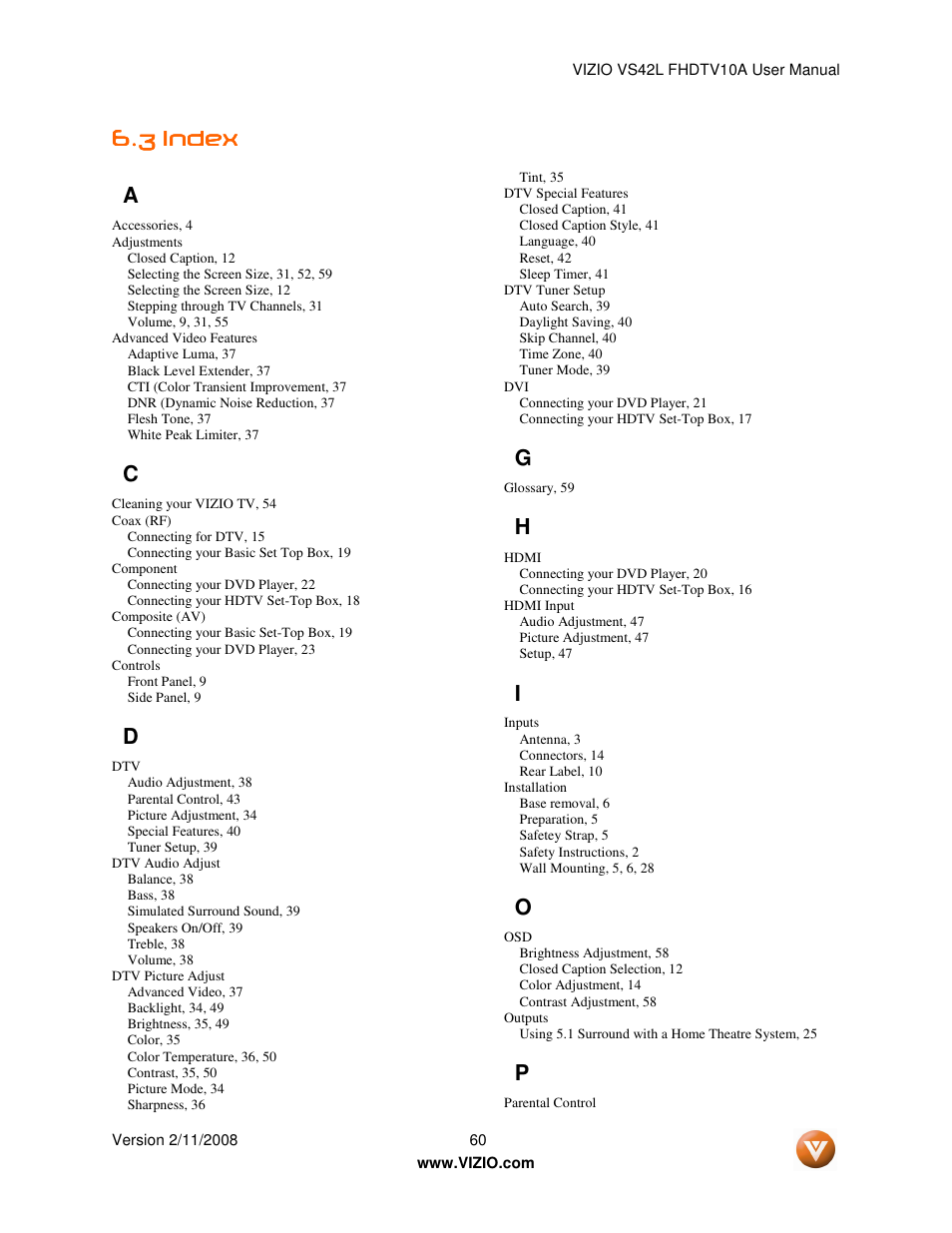 3 index index index index a | Vizio VS42LF User Manual | Page 60 / 61