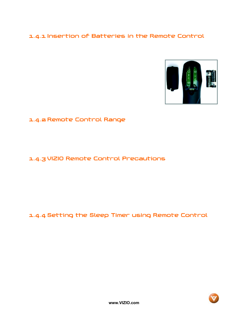 1 insertion of batteries in the remote control, 2 remote control range, 3 vizio remote control precautions | 4 setting the sleep timer using remote control, 3 setting the sleep timer | Vizio VP50 HDTV20A User Manual | Page 14 / 77