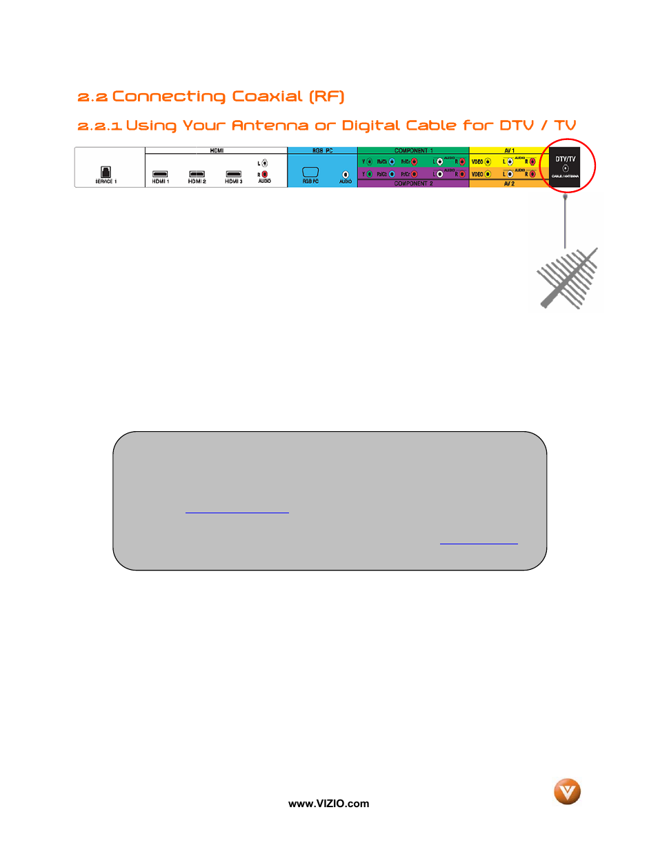 2 connecting coaxial (rf), Using your antenna or digital cable for dtv / tv, 1 using your antenna or digital cable for dtv / tv | Vizio VP50 HDTV20A User Manual | Page 16 / 77
