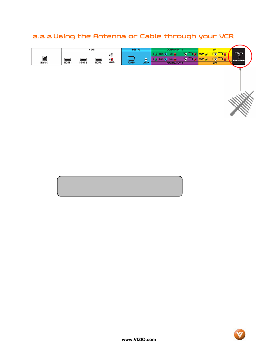 2 using the antenna or cable through your vcr | Vizio VP50 HDTV20A User Manual | Page 17 / 77