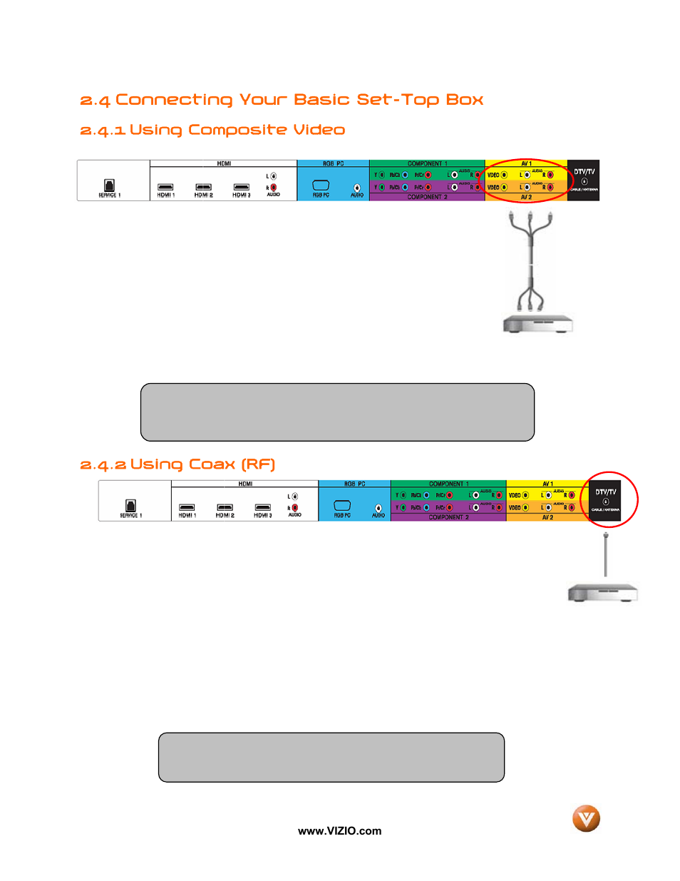 4 connecting your basic set-top box, 1 using composite video, Using coax (rf) | 2 using coax (rf) | Vizio VP50 HDTV20A User Manual | Page 21 / 77