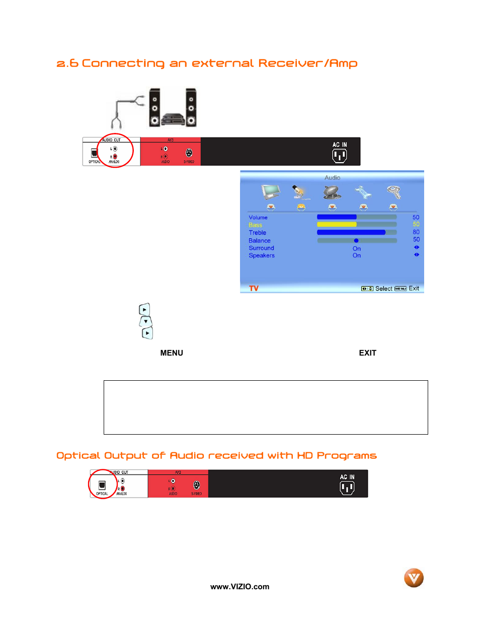 6 connecting an external receiver/amp | Vizio VP50 HDTV20A User Manual | Page 27 / 77