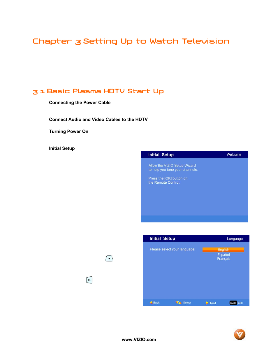 Chapter 3 setting up to watch television, 1 basic plasma hdtv start up | Vizio VP50 HDTV20A User Manual | Page 29 / 77